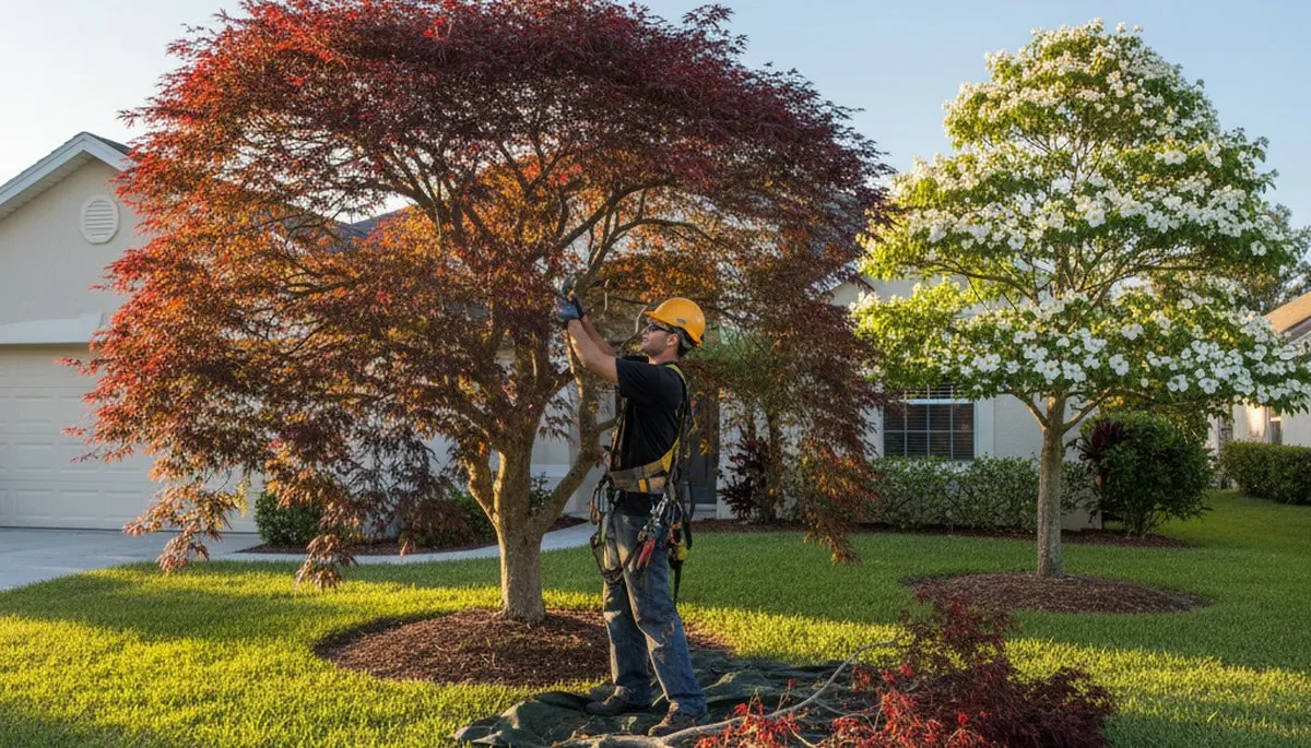 Arborist hand pruning ornamental Japanese maple in New Port Richey FL residential yard for tree health and beauty