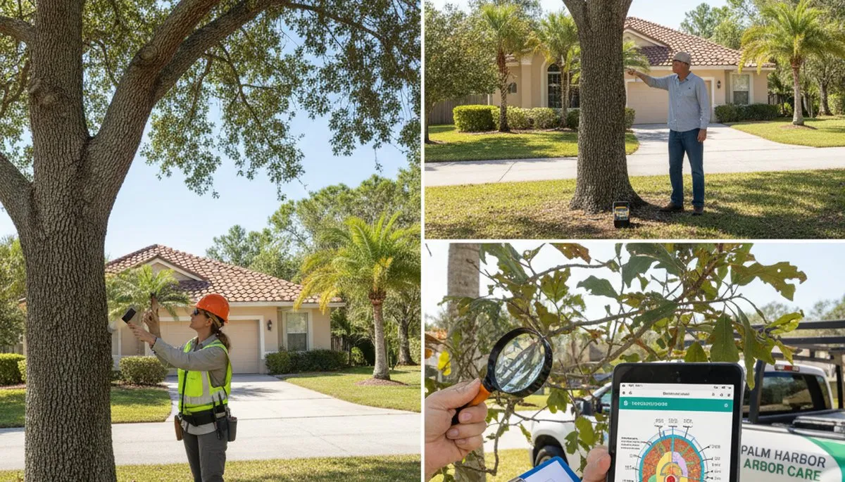 Certified arborist performing tree health assessment for homeowners in New Port Richey, FL
